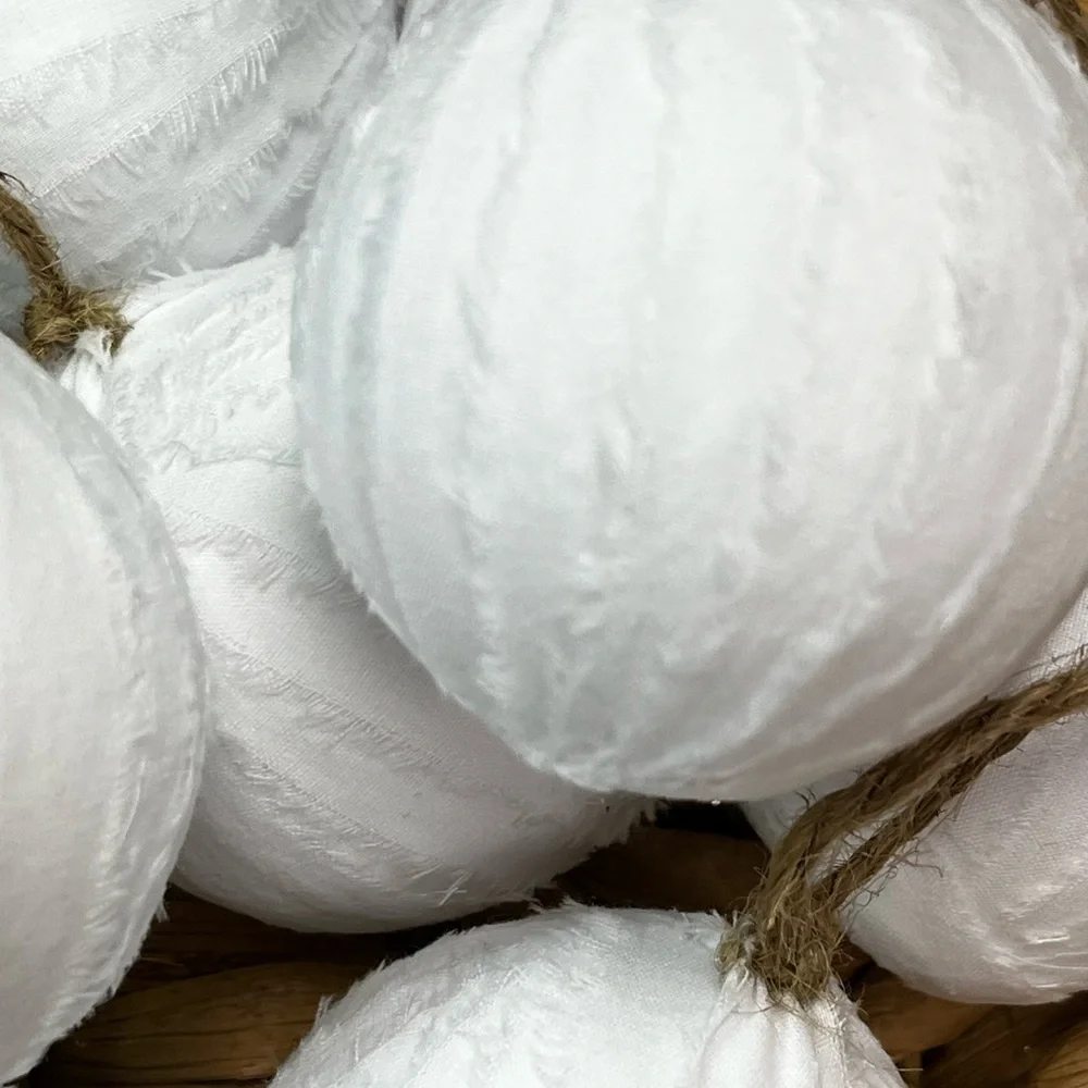 10 Snow White snowballs rag balls Christmas tree ornaments farmhouse bowl filler